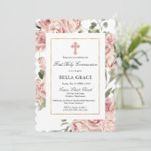 Rustikal Rosa Rose Floral Erste Heilige Kommune Einladung (Stehend Vorderseite)