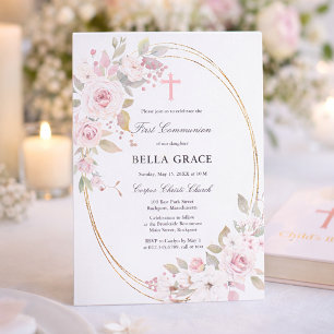 Rustikal Rosa Rose Floral Erste Heilige Kommune Einladung
