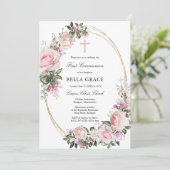 Rustikal Rosa Rose Floral Erste Heilige Kommune Einladung (Stehend Vorderseite)