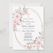 Rustikal Rosa Rose Floral Erste Heilige Kommune Einladung (Vorderseite)