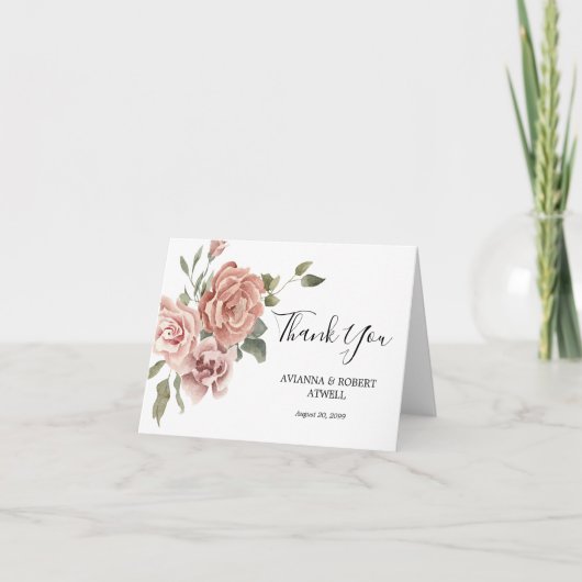 Rustikal rosa Rose Hübsches Schreiben Hochzeit als Dankeskarte (Vorderseite)