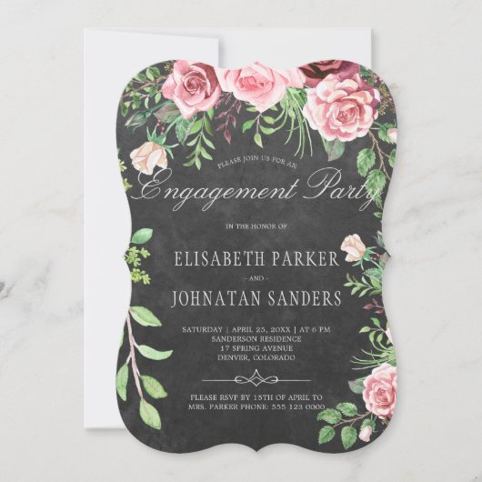Rustikal rosa Roses Chalkboard Engagement Party Einladung (Vorderseite)