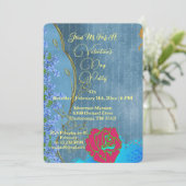 Rustikal Rosa Valentinstag Party Blauer Blume Einladung (Stehend Vorderseite)