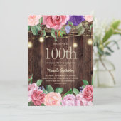 Rustikal rosa violette Blumen String Lights 100. Einladung (Stehend Vorderseite)