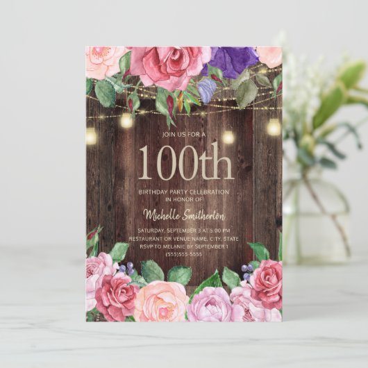 Rustikal rosa violette Blumen String Lights 100. Einladung (Stehend Vorderseite)