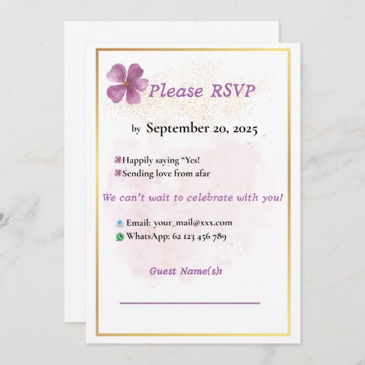 Rustikal rosa Wasserfarben Elegante Wedding RSVP C (Vorne/Hinten)