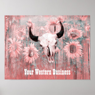 Rustikal rosa Western Bull Skull Sonnenblumen auf Poster