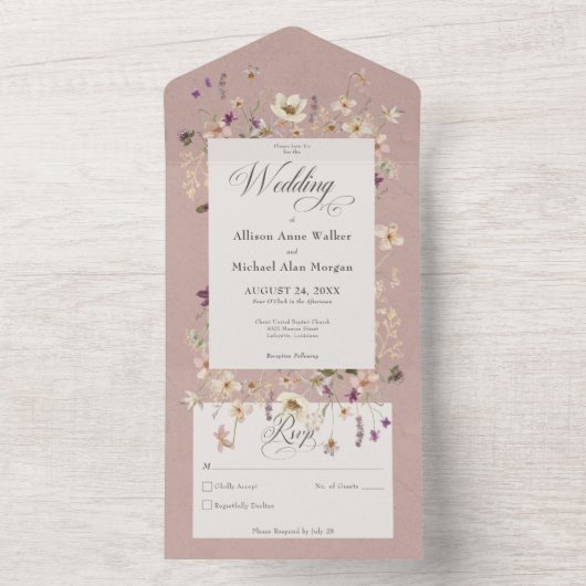 Rustikal rosa Wildblume Rahmen Kein Abendessen All In One Einladung (Innen Boden)