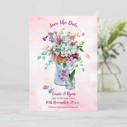 Rustikal rosa Wildblume Save the Date (Stehend Vorderseite)