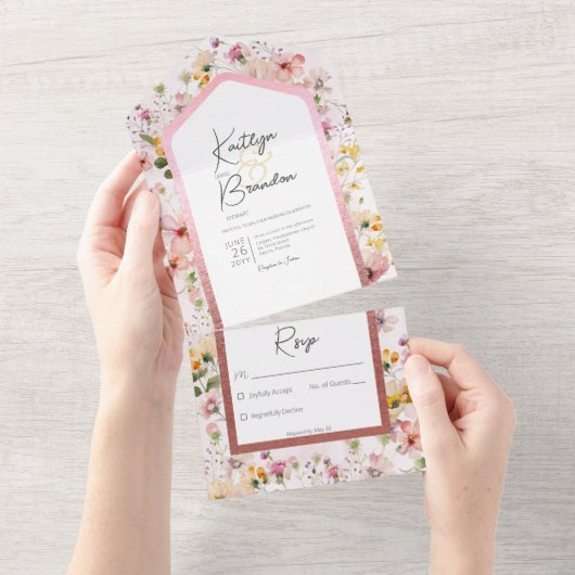 Rustikal Rosa Wildblumen Kein Abendessen All In One Einladung (Abreißen)