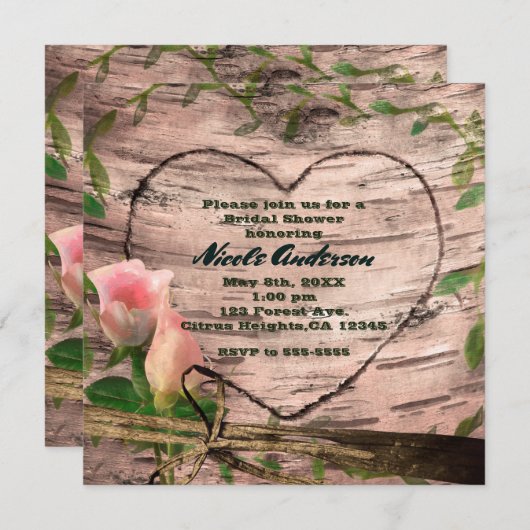 Rustikal Rosen & Reben Weiße Birke Einladungen (Vorne/Hinten)