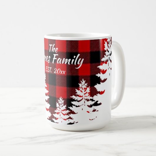 Rustikal, rot, kariert, minimalistisch, Pinien Kaffeetasse (VorderseiteRechts)