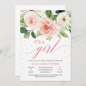 Rustikal rot Rosa Blüte Es ist ein Mädchen Babydus Einladung (Vorne/Hinten)