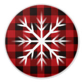 Rustikal rot und schwarz kariert mit Schneeflocke  Keramikknauf (Vorderseite)