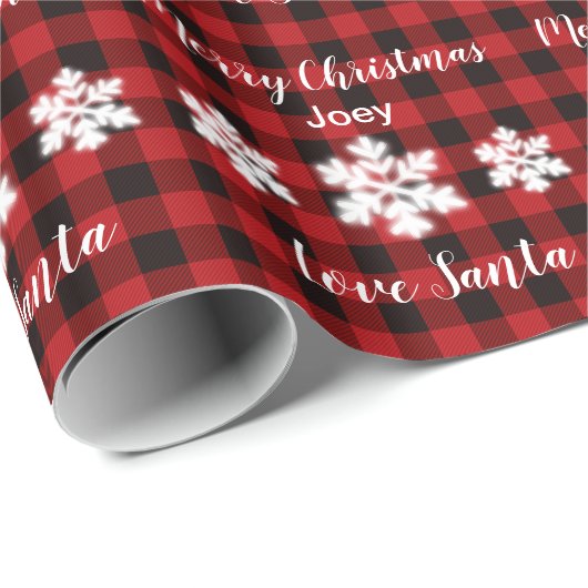 Rustikal rot und schwarz kariert mit Schneeflocken Geschenkpapier (Rolleneckpunkt)