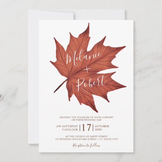 Rustikal rotes Ahornblatt einfache Hochzeit Einladung (Vorderseite)