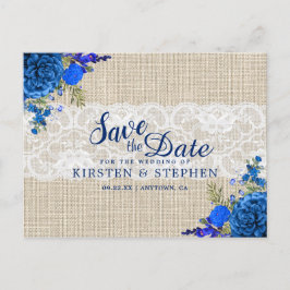 Rustikal Royal Blue Floral Burlap Save the Date Ankündigungspostkarte