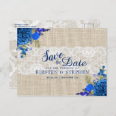 Rustikal Royal Blue Floral Burlap Save the Date Ankündigungspostkarte (Vorne/Hinten)