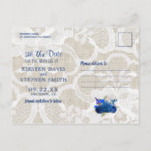 Rustikal Royal Blue Floral Burlap Save the Date Ankündigungspostkarte (Rückseite)
