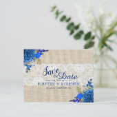 Rustikal Royal Blue Floral Burlap Save the Date Ankündigungspostkarte (Stehend Vorderseite)
