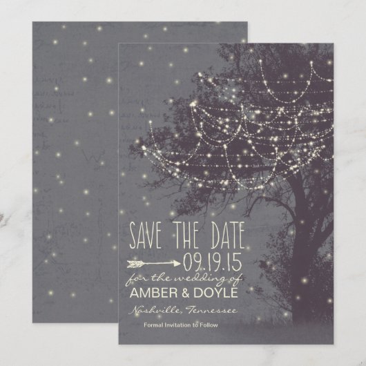 Rustikal Save the Date, alter Baum mit String Ligh Date (Vorne/Hinten)