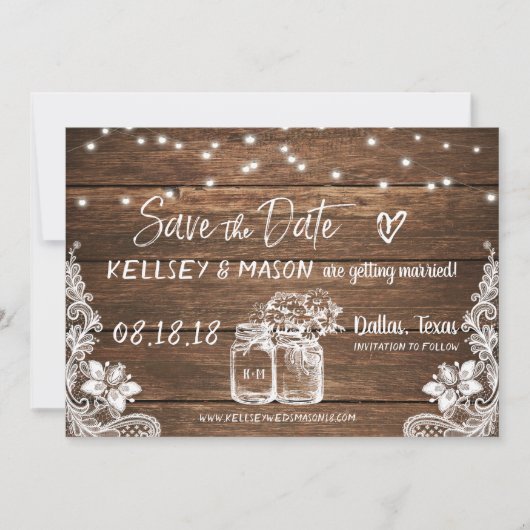rustikal Save the Date | Mason Jars, Lace & Lights Einladung (Vorderseite)