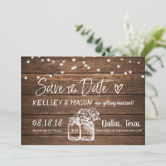 rustikal Save the Date | Mason Jars & String Light Einladung (Stehend Vorderseite)