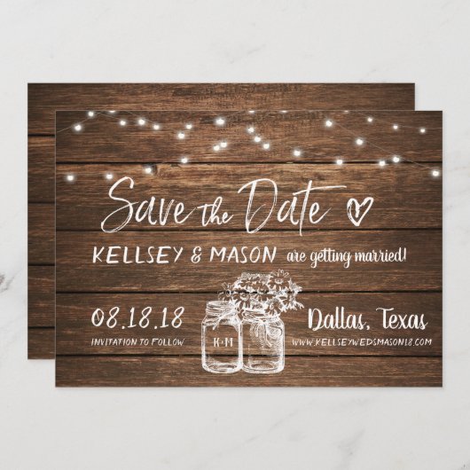 rustikal Save the Date | Mason Jars & String Light Einladung (Vorne/Hinten)