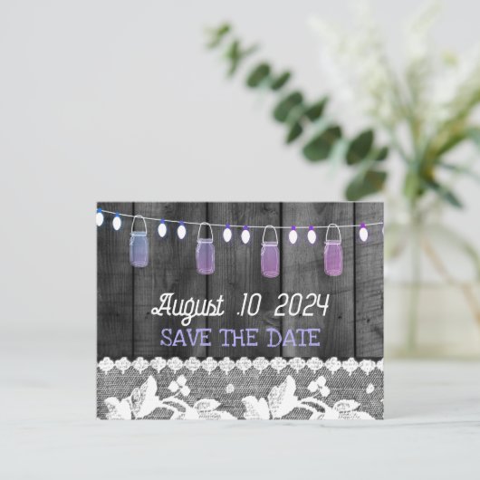 rustikal Save the Date mit Holz, Spitzen, Saitenli Ankündigungspostkarte (Stehend Vorderseite)