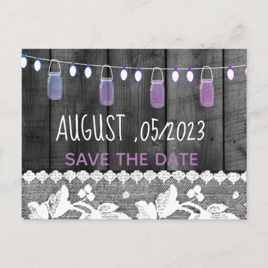 rustikal Save the Date mit Holz, Spitzen, Saitenli Ankündigungspostkarte (Vorderseite)