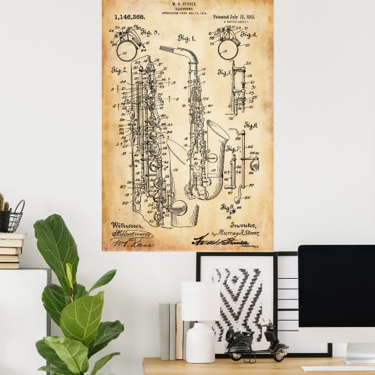 Rustikal | Saxophon - Patent Poster (Heimbüro)