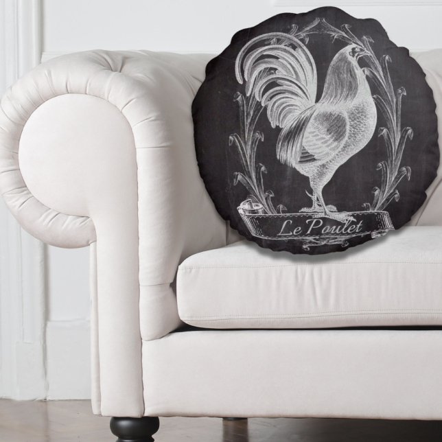 rustikal-schicke Tafel, französischer Hahn Rundes Kissen (rustic chic blackboard french country rooster round pillow)