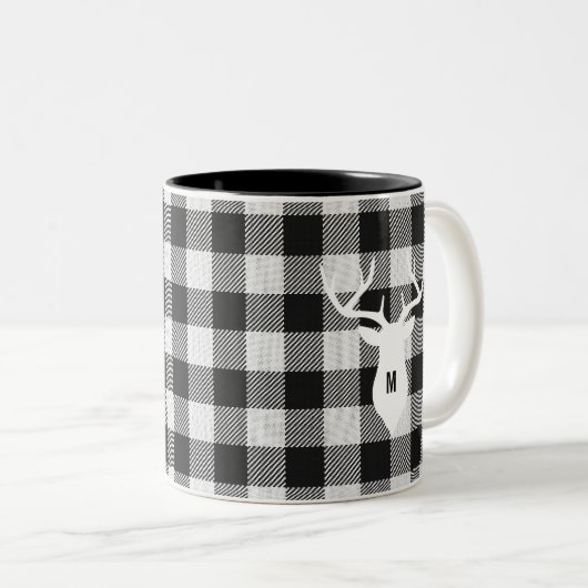 Rustikal Schwarz-weiß Buffalo Karo Deer Mit Monogr Zweifarbige Tasse (VorderseiteRechts)