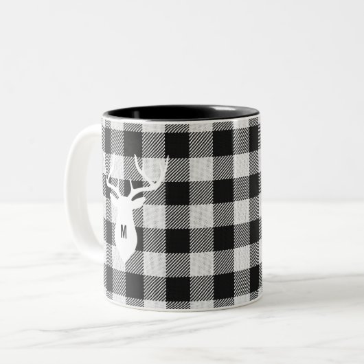Rustikal Schwarz-weiß Buffalo Karo Deer Mit Monogr Zweifarbige Tasse (Vorderseite Links)
