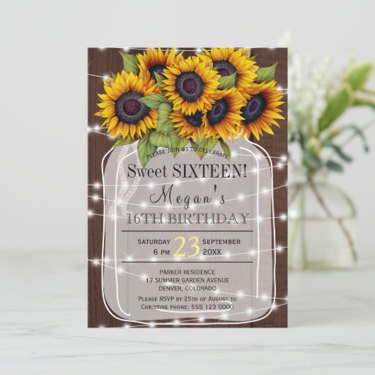 Rustikal | Sonnenblumenleuchten im Mauerglas 16 . Einladung (Stehend Vorderseite)