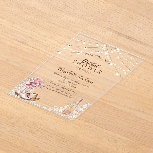 Rustikal, Spitzen, Stiefel Blume Brautparty Acryleinladungen (Ablage )