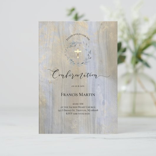 rustikal staubige blaue Kronenfarbe | Konfirmation Einladung (Stehend Vorderseite)