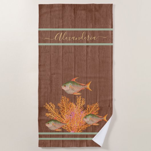 Rustikal Strand tropische Fische Seite Grüne Koral Strandtuch (Vorderseite)