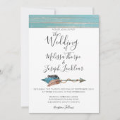 Rustikal türkisfarbene Holzfedern Hochzeitsfeiern Einladung (Vorderseite)