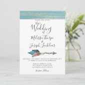 Rustikal türkisfarbene Holzfedern Hochzeitsfeiern Einladung (Stehend Vorderseite)