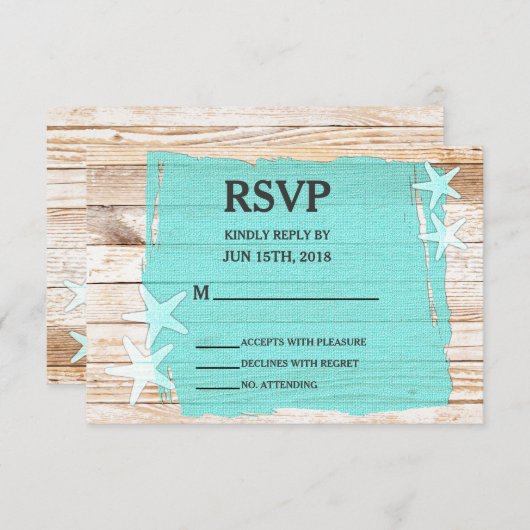 Rustikal-türkisfarbene Starfish Wedding RSVP Card (Vorne/Hinten)