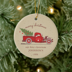 Rustikal Unser erstes Weihnachten roter LKW Name F Keramik Ornament