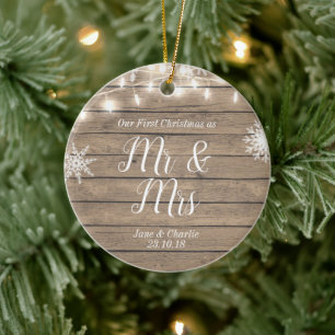 Rustikal Unsere ersten Weihnachten als Mr. und Mrs Keramik Ornament