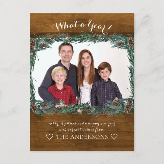 Rustikal Was für ein Jahr! Weihnachtskranz Foto Postkarte (Vorderseite)