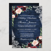Rustikal Wedding Blue Wood Burgundy Blue Floral Einladung (Vorne/Hinten)