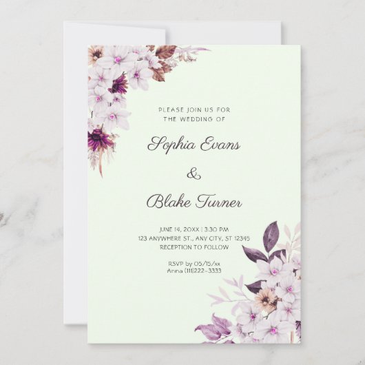 Rustikal-Weiß-Rosa-Blume Boho Light Green Wedding Einladung (Vorderseite)