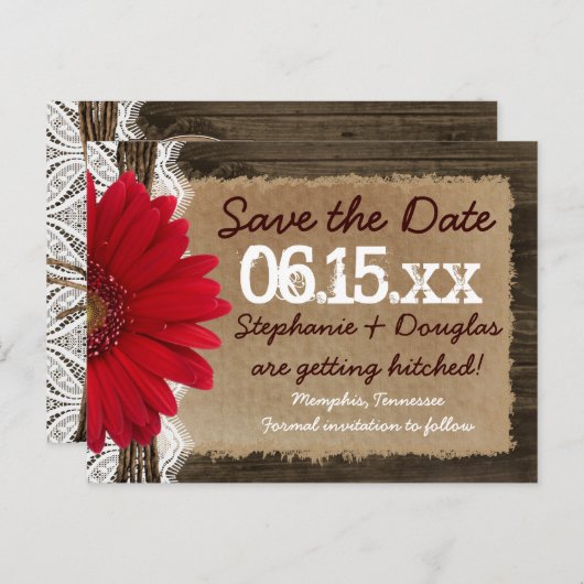 Rustikal Wood Red Daisy Save the Date Postkarten (Vorne/Hinten)