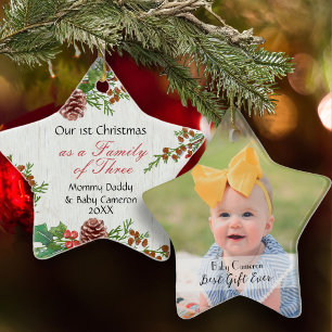 Rustikale 1. Weihnachtsfamilie mit 3 Meilenstein-F Keramik Ornament