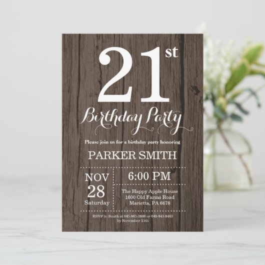 Rustikale 21. Geburtstagseinladung Einladung (Stehend Vorderseite)