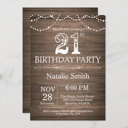 Rustikale 21. Geburtstagsfeierlichkeiten Einladung (Vorne/Hinten)